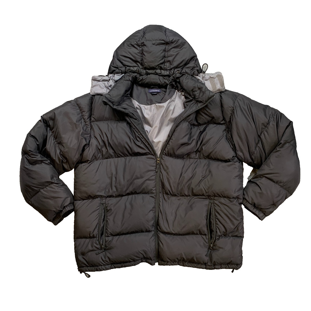 Lands End Jacket Mens 2XLT Tall Black Quilted Puffer Goose Down Insulated Hooded